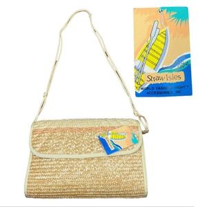 Vintage NWT Tan Stripe Straw Shoulder Purse Beach Handbag *